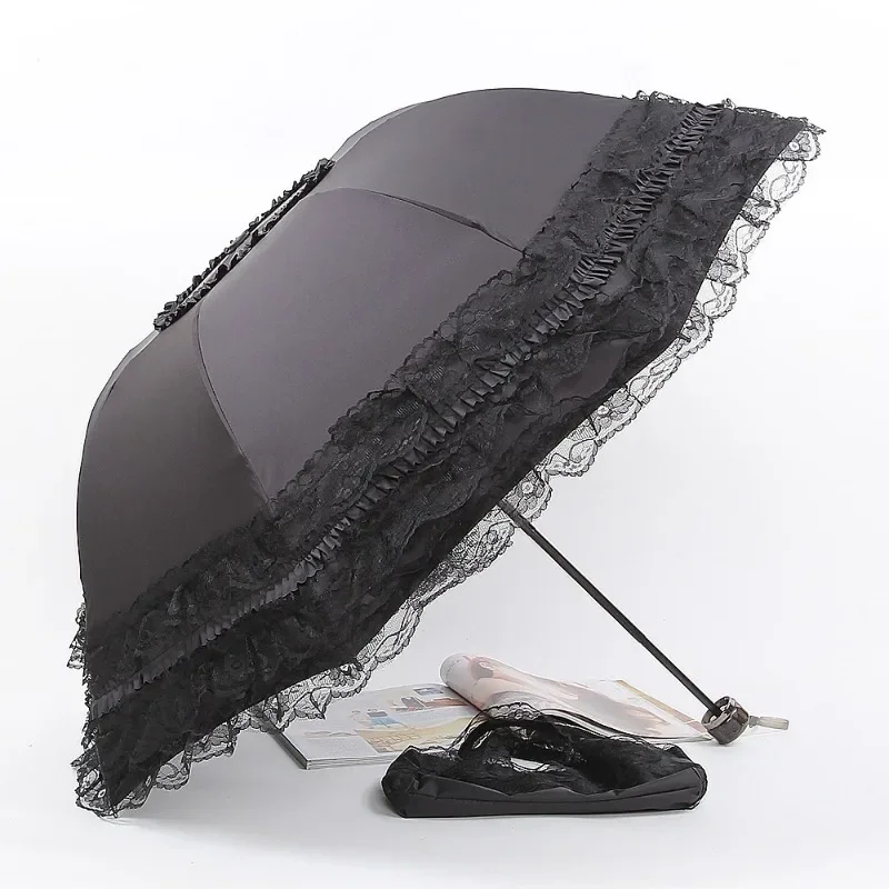 

Lace Decorated Parasol Folding Sun Protection Umbrella for Gothic Lolita Style Daily Use Girl Umbrella Photography Prop