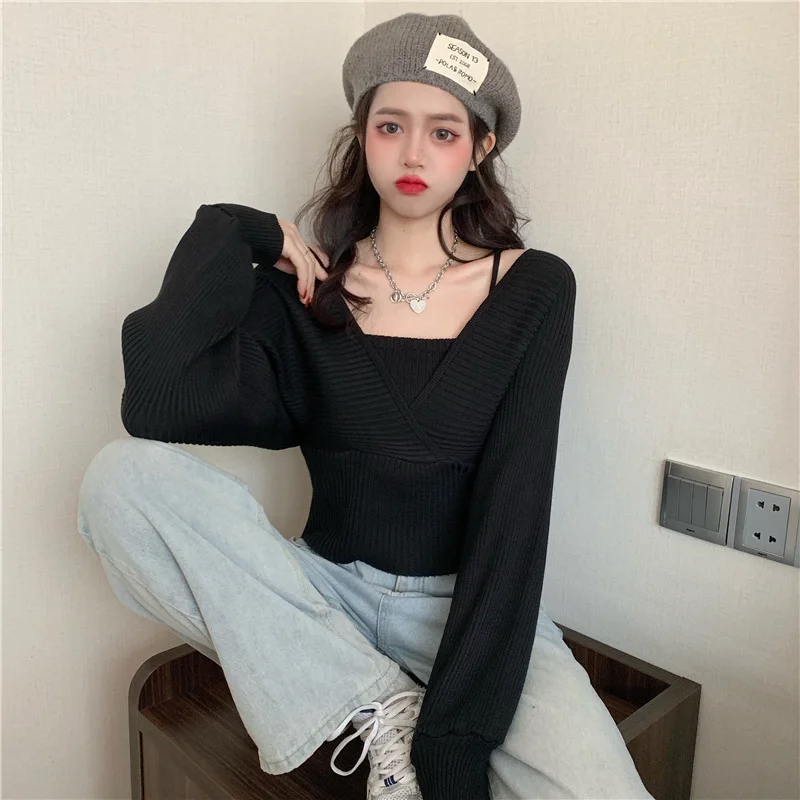 Fake Two Sweater Women 2024 Spring Autumn New V-Neck Full Sexy Knitted Sweaters Korean Short Chic Wild Fashion Pullovers