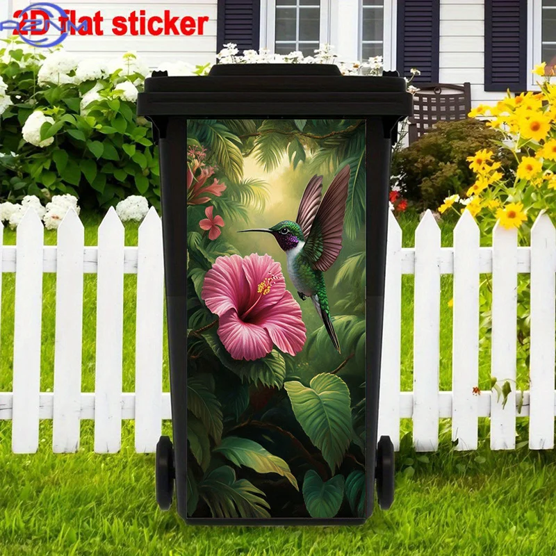 1pc 2D Flat Tropical Hummingbird Trash Can Sticker | Hibiscus Flower, Gorgeous Self-Adhesive Art Stickers, Lush Greenery, Idea