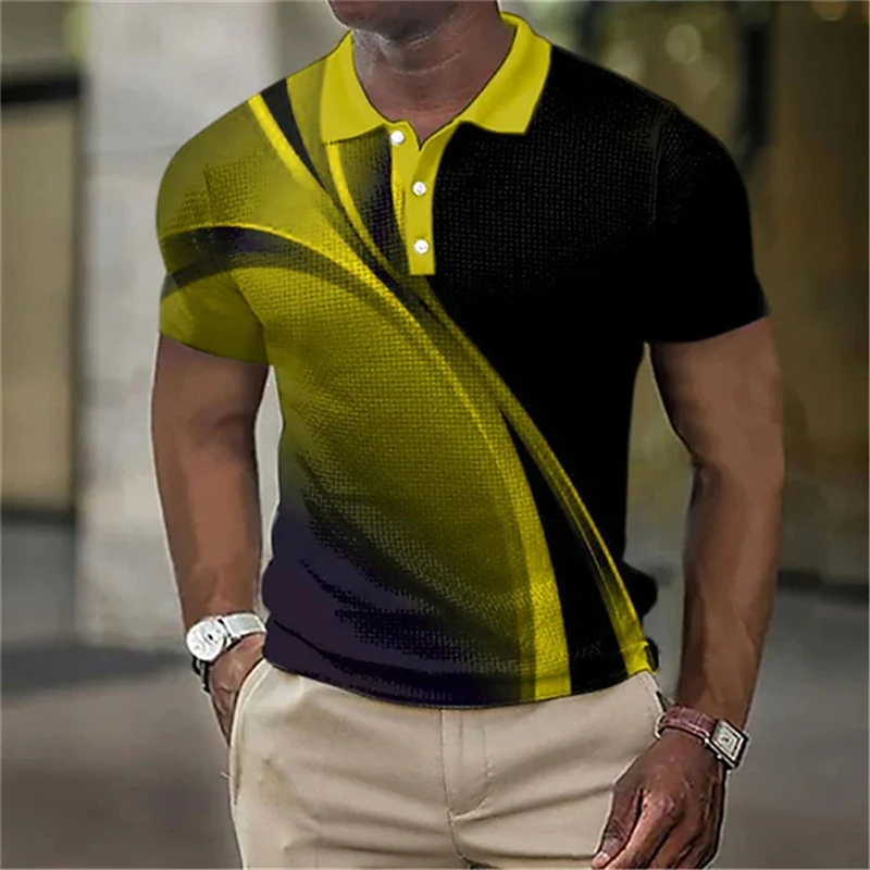 Men's Fashion Golf Polo Shirt Casual 3D Textured Print Short-Sleeve T-Shirt Slightly Stretchy Breathable Polo Shirt with Collar