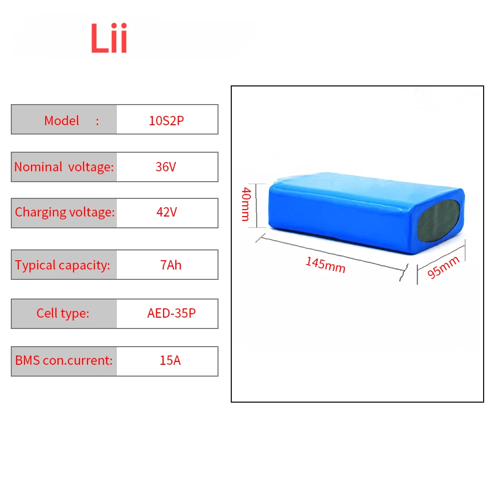 Lii 36V 6.8Ah 10S2P 450Watt 18650 li-ion battery pack JST XT30 42V electric scooter unicycle ebike 15A BMS m365 pro Extend range