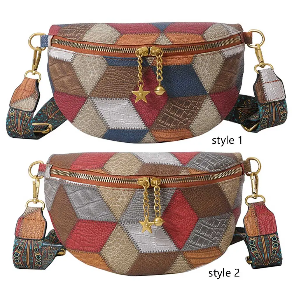 Patchwork Retro Crossbody Bag para Mulheres, Pacote de Cintura Casual Feminino, Bloco de Cor, Alça Larga, Estética Multiuso