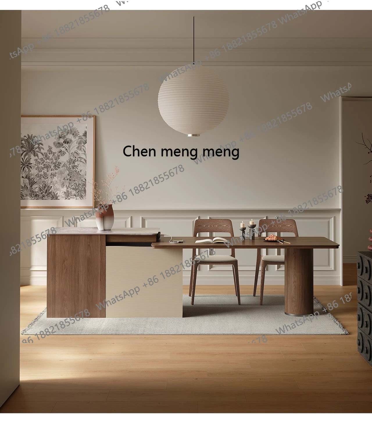 Marble dining table integrated retractable retro solid wood island high-end walnut kitchen island