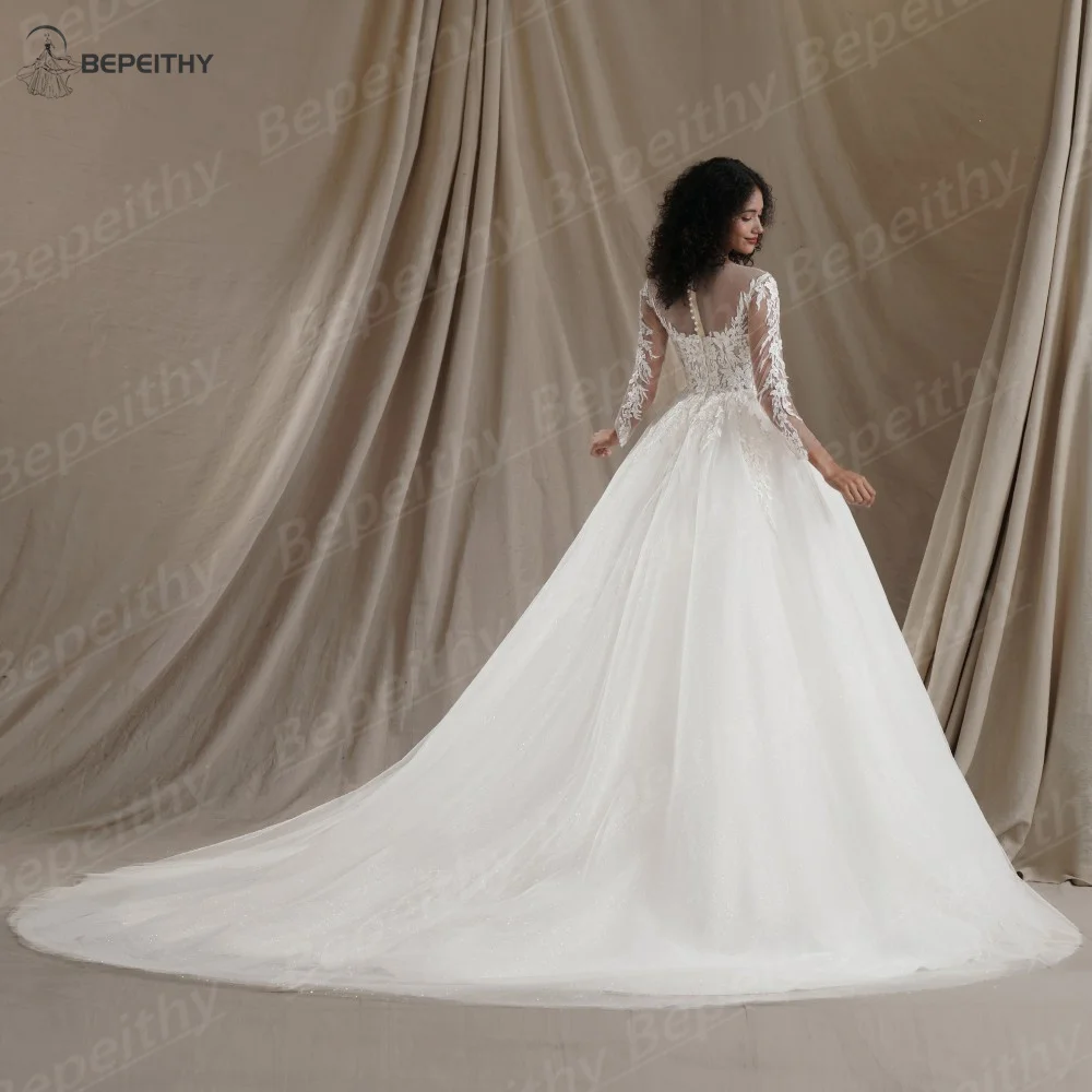 BEPEITHY Long Sleeves Customized Princess Ivory Wedding Dresses For Women O Neck Bride Ball Bridal Gown 2024 Vestido De Novia