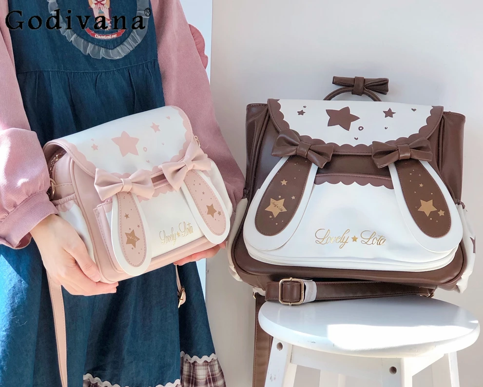 Sweet Cute Bow Rabbit Shoulder Crossbody Bag Handbag Women's Square Bags Lambskin All Match Backpacks