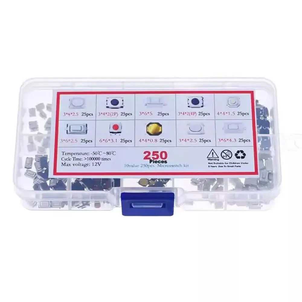 100/200/250pcs 10 Types Tactile Push Button Switch with Box Waterproof Car Remote Control Keys Button