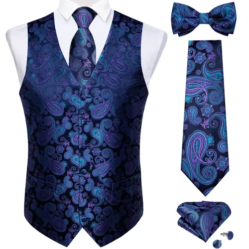 Men Black Paisley Vest Necktie Bowtie Pocket Square Cufflinks Dress Set жилетка мужская Classic 5 PCS Business Waistcoat for Man - Image 21