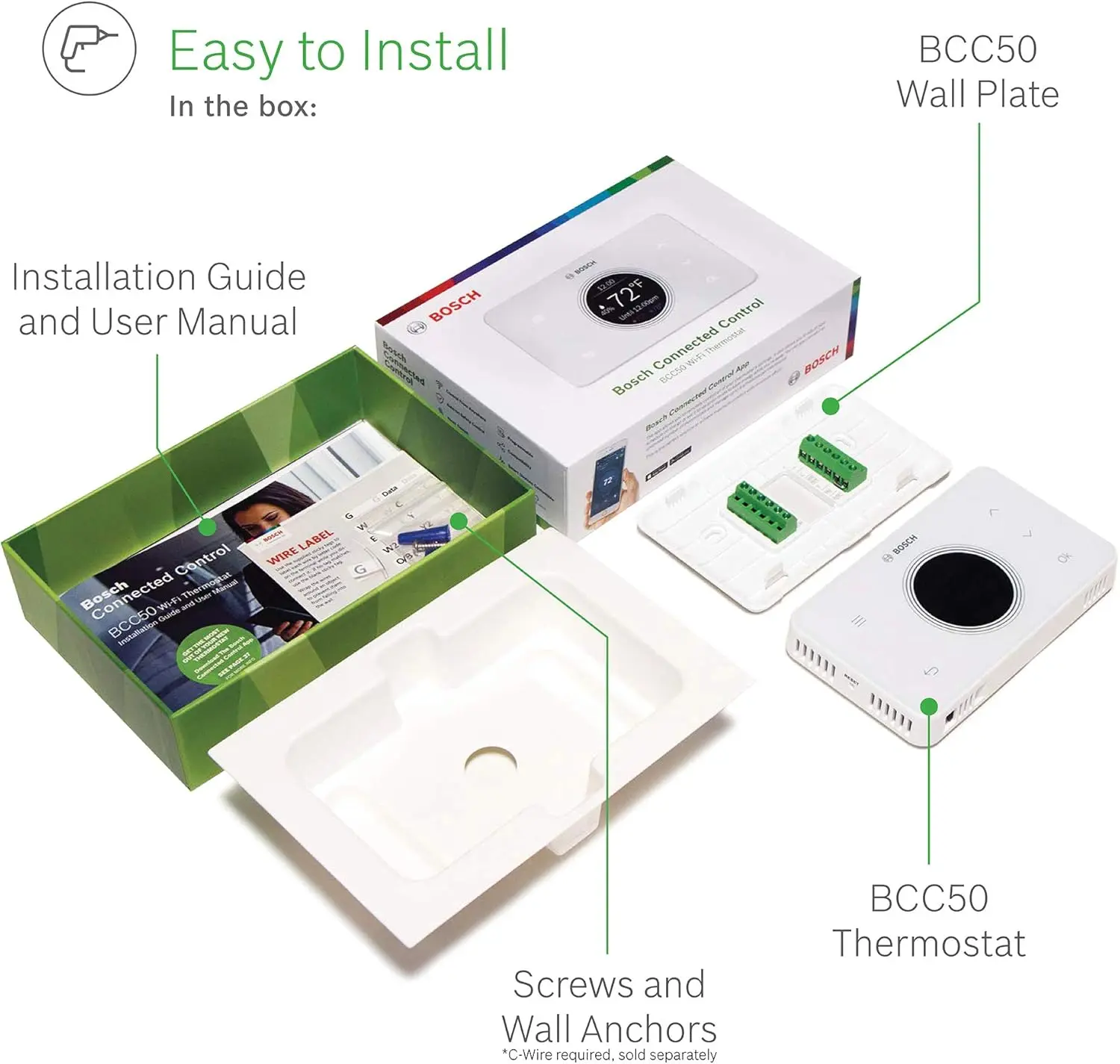 Termostato Wi-Fi BCC50 Connected Bosch Thermotechnology Compatible con Alexa y Google Assistant, todo en uno, pantalla táctil