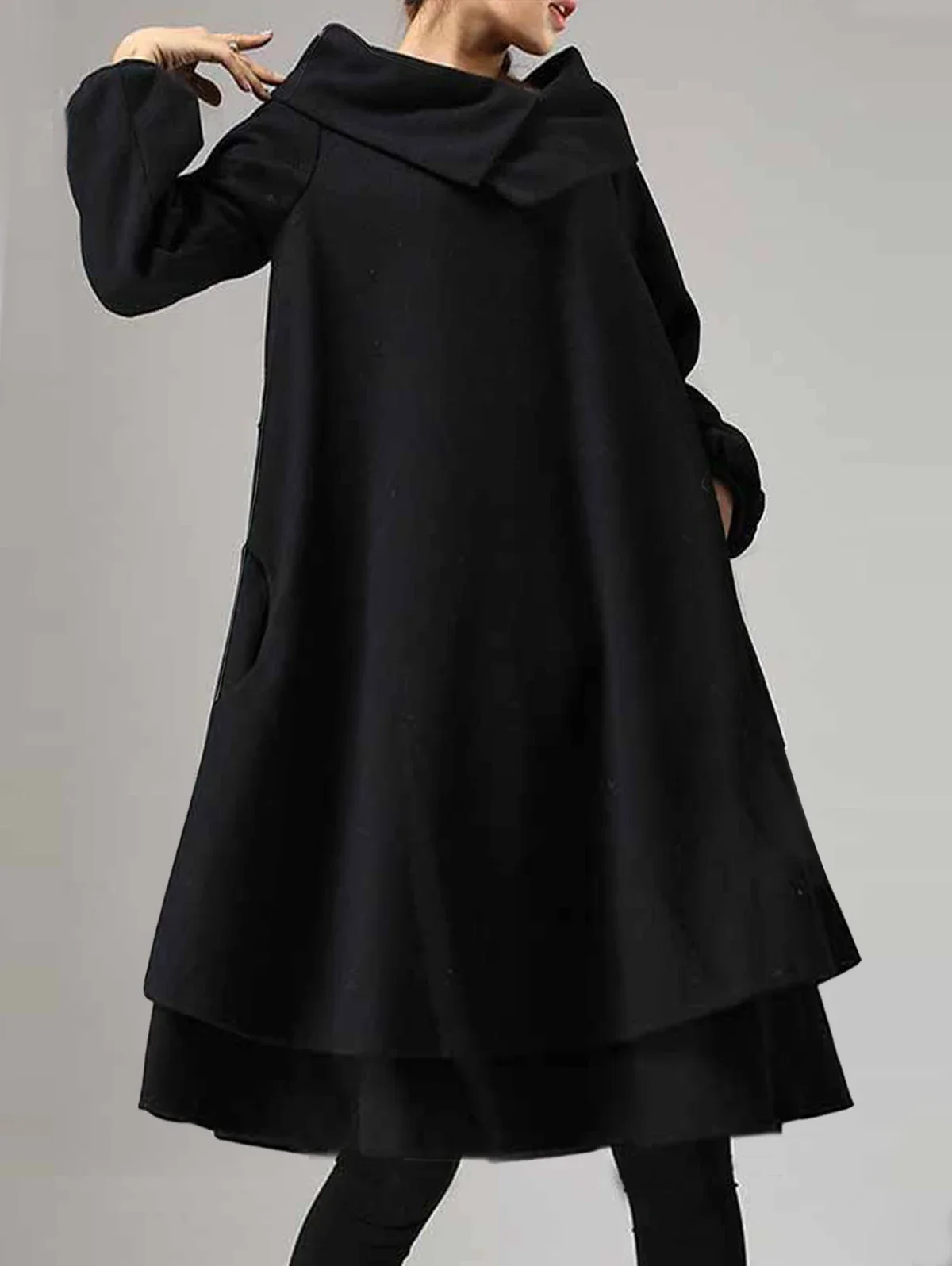 Women's Autumn Winter Long Sleeve Dress Black Scarf Collar Retro Style with Pocket Casual Loose Fashion Coat for Females