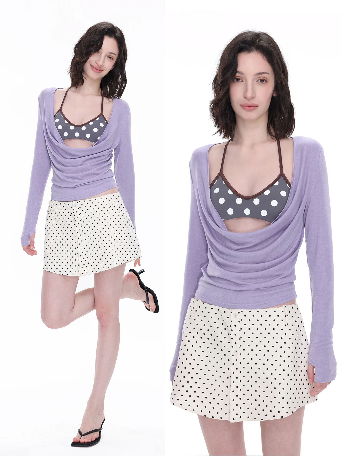 

Monroo Summer Vacation Purple Tunic Top Wool Blend Long Sleeve Women's T-Shirt Casual Waist-Cinching Design with Chest Pad