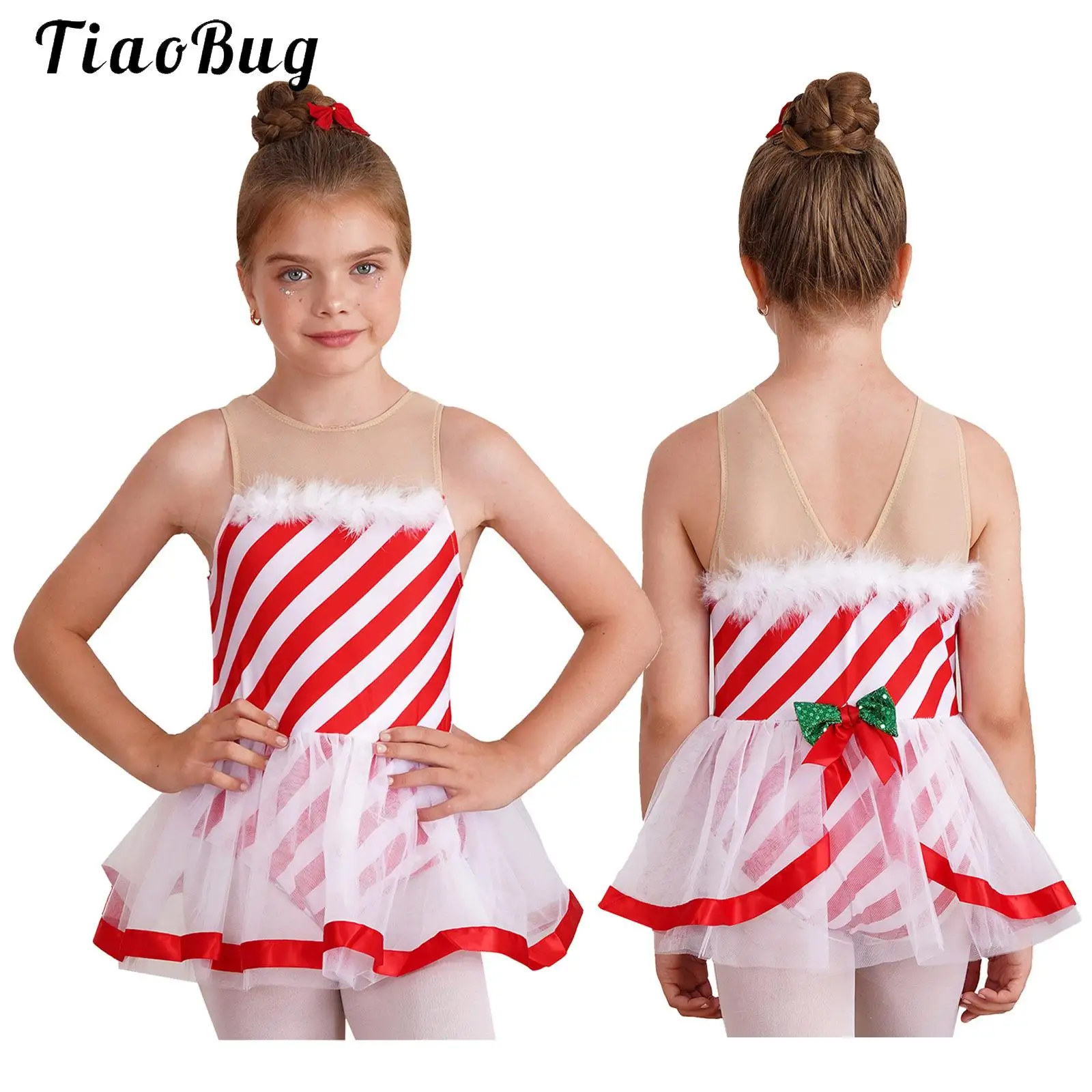 

Girls Candy Cane Striped Ballet Tutu Dance Dress Sleeveless Bowknot Striped Mesh Tulle Skirt Leotard Skating Performance Costume