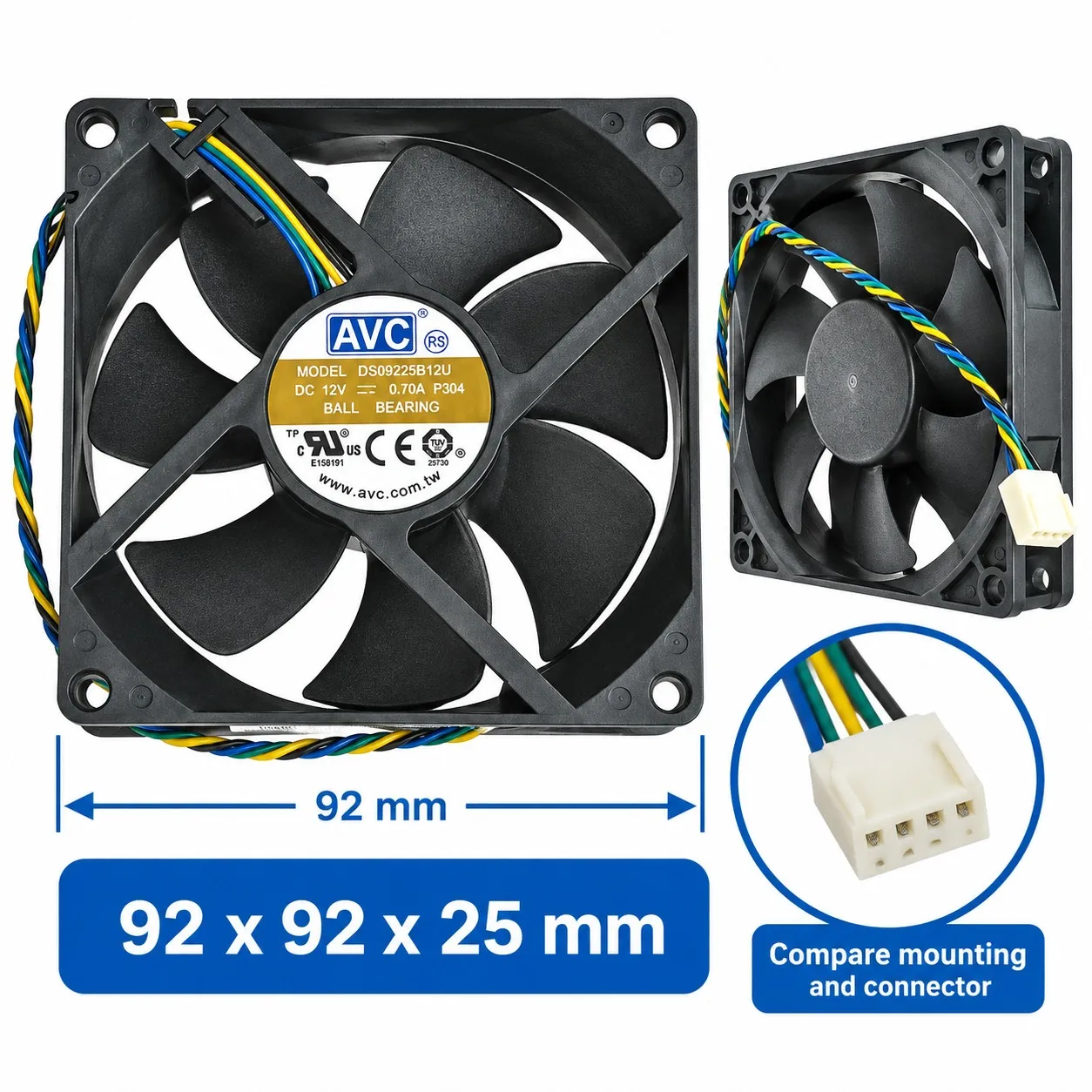 DS09225B12U Cooling Fan 92x92x25mm 9225 12V 0.70A PWM Dual Ball Bearing 4-Pin for AVC