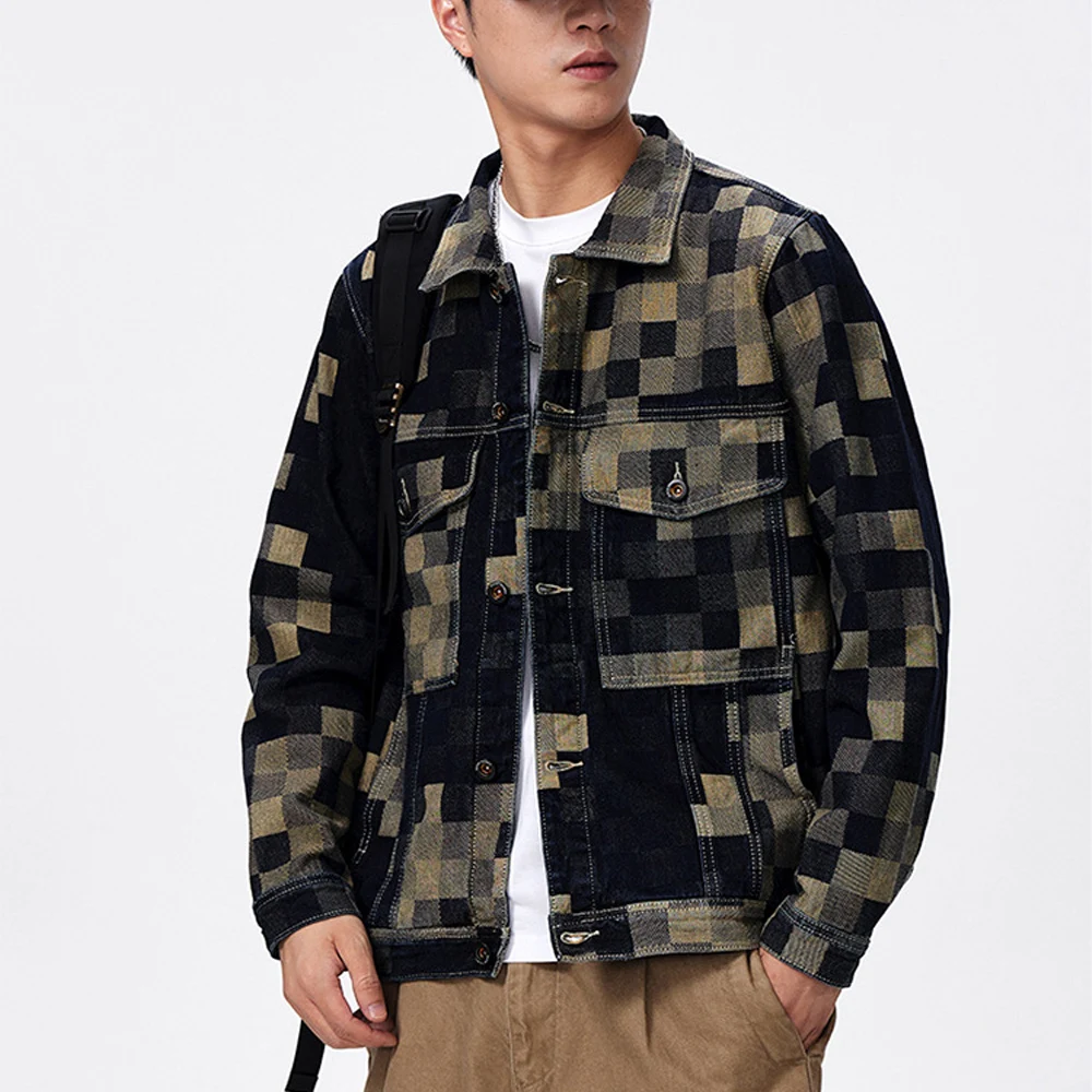 Men's Plaid Denim Jacket Vintage Patchwork Jean Jacket Casual Button Up Coat Streetwear Spring Autumn