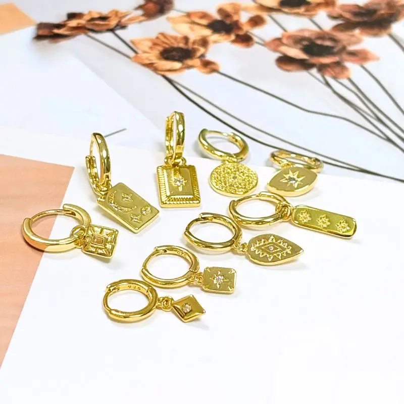 YUXINTOME 925 Silver Ear Needle Zircon Hoop Gold Earrings For Women Square Plate Pendant Cutout Heart Earrings Fashion Jewelry