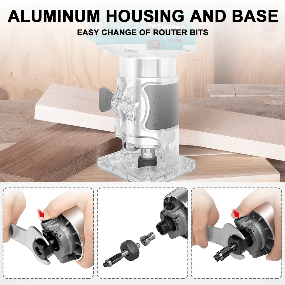 PATUOPRO pemangkas listrik nirkabel, Router kayu 6/6.35/8mm ukiran pekerjaan kayu 30000RPM kecepatan untuk baterai Makita 18V