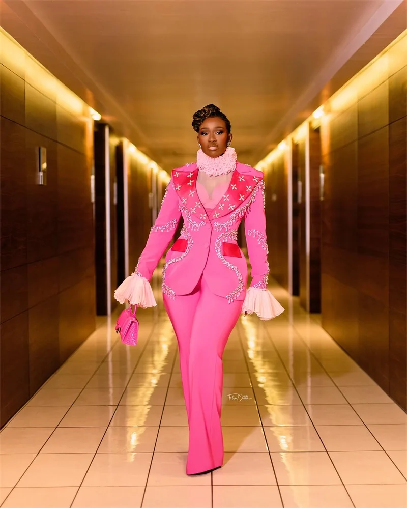 

Pink Crystals Women Suit Pants Set 2 Piece Blazer+Trousers Formal Office Lady Jacket Customized Wedding Prom Luxury Party Coat