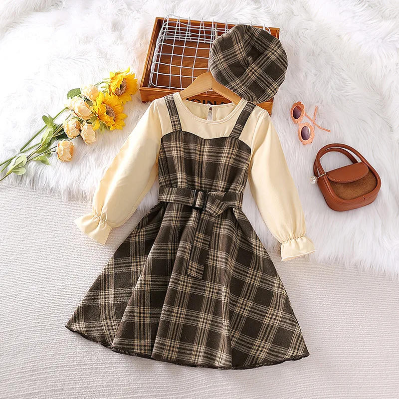 

Spring Girl Dress Children Brown Lattice Montage Dress+Hat Temperament Slim Princess Dress Birthday Party Clothes 4-7 Years Old