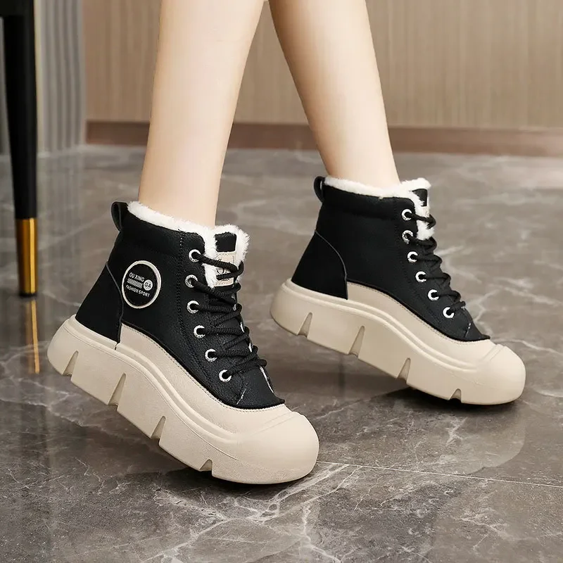 Sepatu High-top wanita antiair, sepatu sneaker Platform kualitas tinggi, sepatu katun sol tebal, Velvet, sederhana, hangat, anti air, musim dingin, 2024