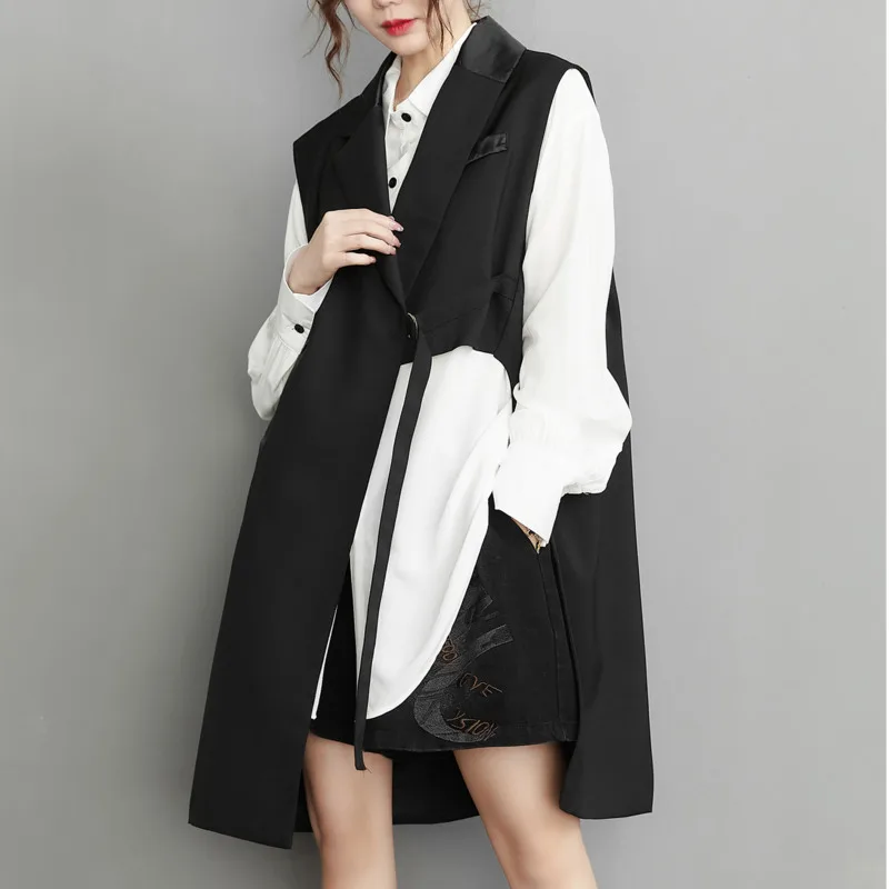 #2601 Black Long Vest Coat Women Loose Irregular Blazer Waistcoat Coat Ladies Loose Outerwear Sleeveless Cardigan Vest Femme