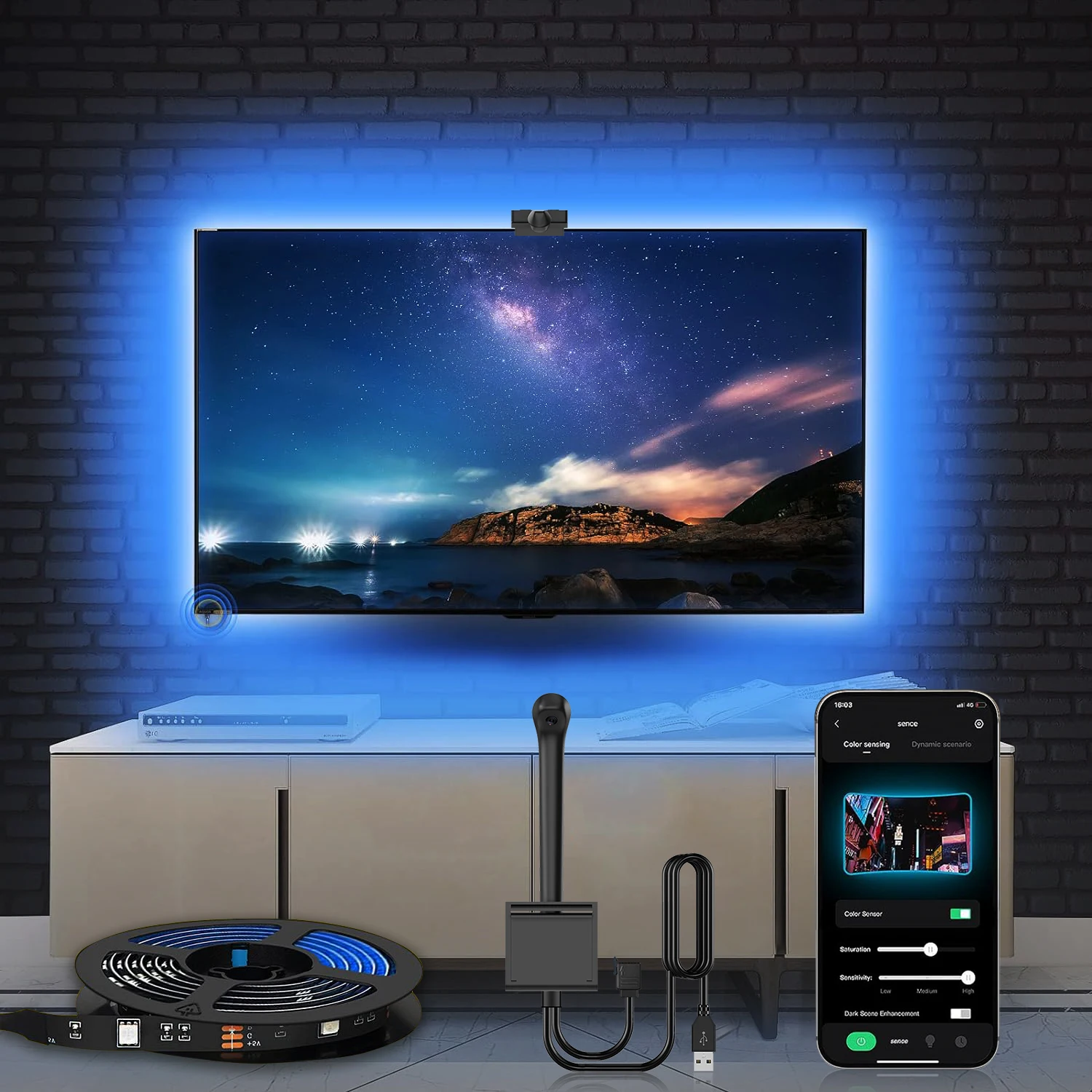 EISSLOLY Светодиодные ленты RGB LED Light Kit Smart APP Control для 55-85 дюймов Экран подсветки телевизора SYNC Домашний декор Светодиодное освещение EISSLOLY Светодиодные ленты RGB LED Light Kit Smart APP Control для 55-85 дюймов Экран подсветки телевизора SYNC Домашний декор Светодиодное освещение