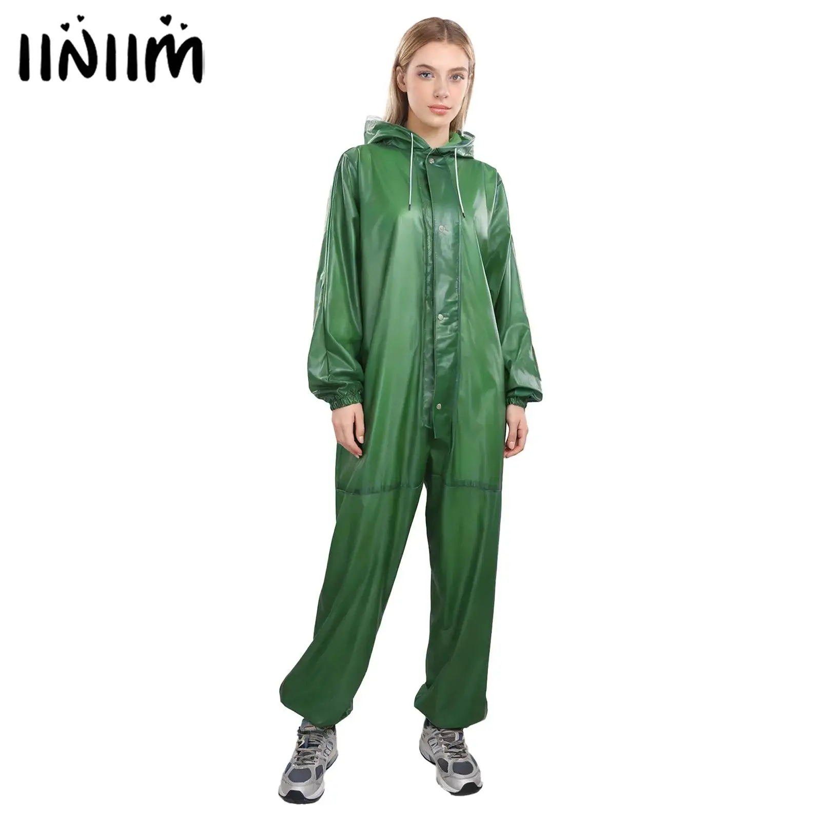 

Мужской и женский цельный дождевик с капюшоном, на шнурке, с пуговицами и молнией спереди, водонепроницаемый комбинезон, рабочая одежда, костюм