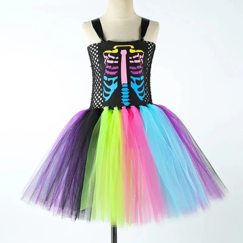Girls' Colorful Skull Tulle Tutu Dress, Kids' Halloween & Day of the Dead Party Stage Costume, Fun Cartoon Festival Tutu Dress
