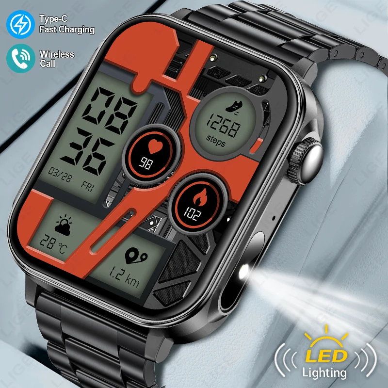 

LIGE New Type-c Smartwatch Men Women Health Manager Bluetooth Call IP67 Waterproof Flashlight Smart Watch For Men iOS Phone