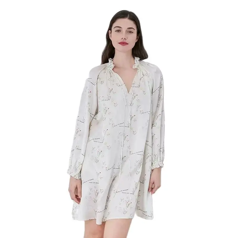 Winsleter,2024 Summer New,22MM 100%Mulberry Silk Sexy Nightgown,Women Long Sleeve Flower,French Sweet Pajama Dress,P45765QM