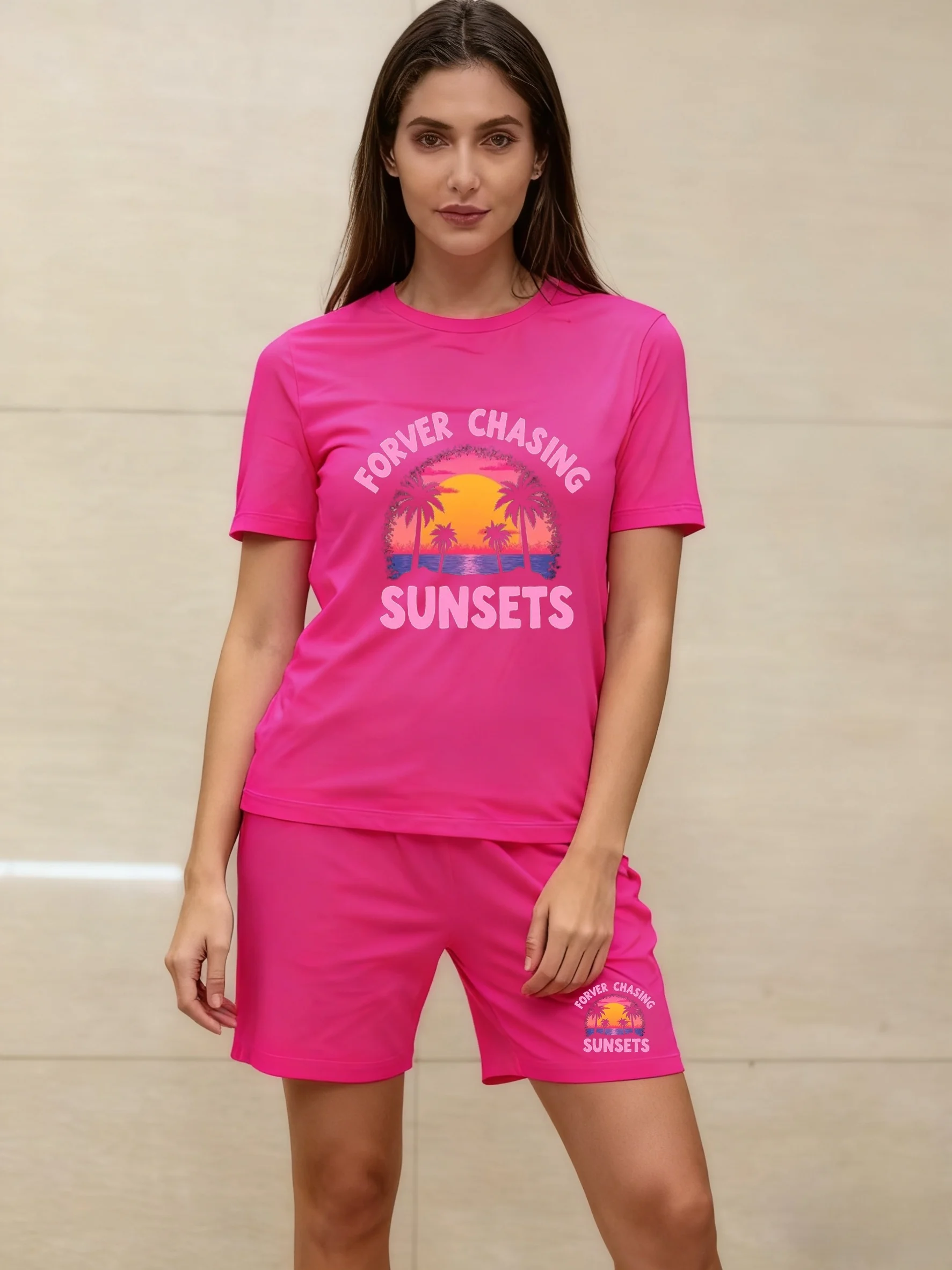 

Women's 2-Piece Set Summer Short Sleeve T-Shirt & Shorts "Forever Chasing Sunsets" Sunset Palm Print Soft Loung