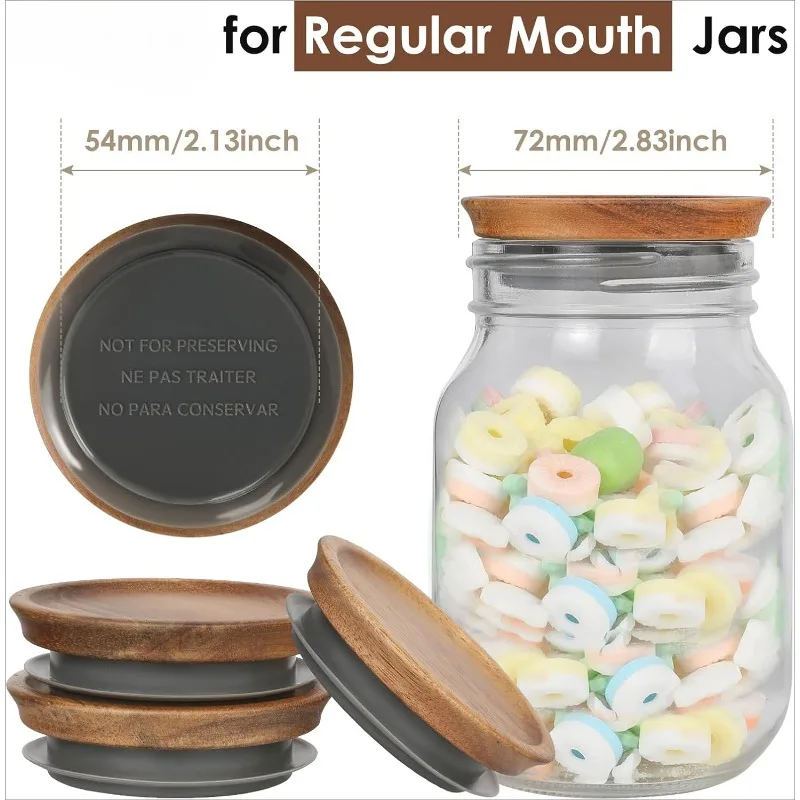 6 Pack Regular Mouth Lids for Mason Jars, Reusable Wooden Storage Lids with Silicone Seal for Regular Mouth Jars