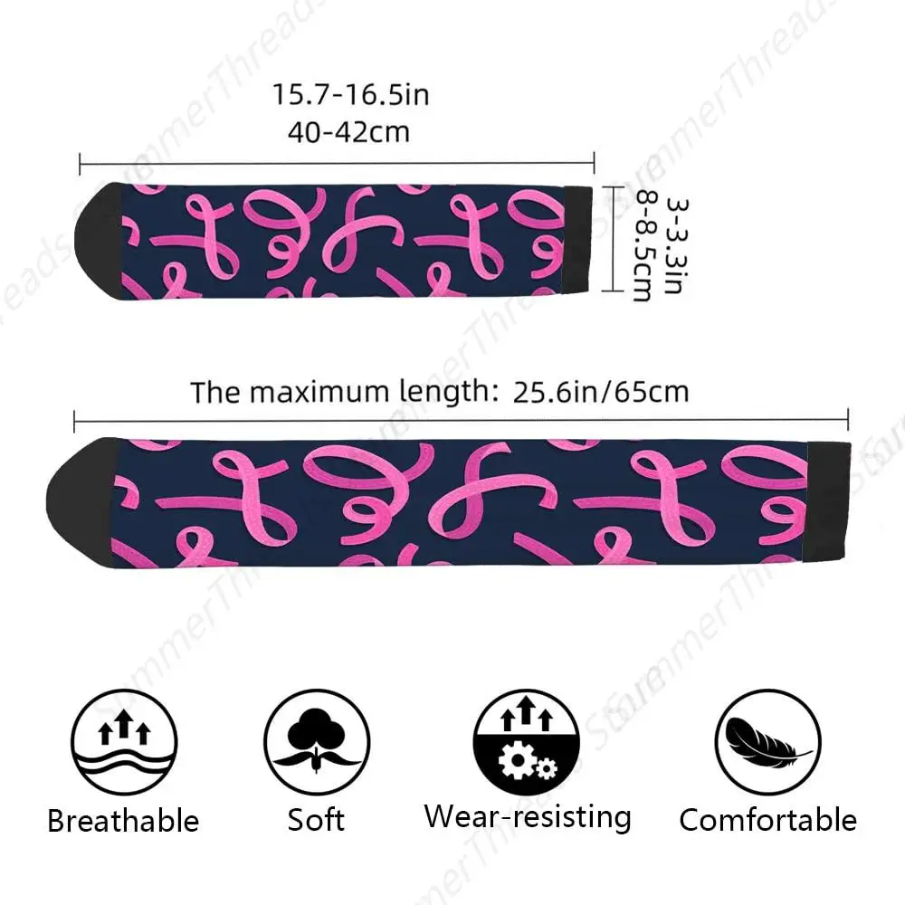 Pink Ribbons Funny Socks Symbol of Breast Cancer Awareness Curl Satin Survivor Hope Novelty Casual Crew Socks Contrast Color(16)