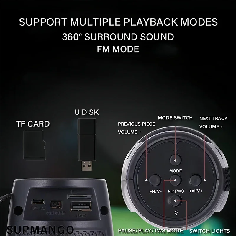 Altoparlante Bluetooth wireless con luci colorate RGB con luce LED Stereo esterno portatile Supporta l'espansione del disco TF e U