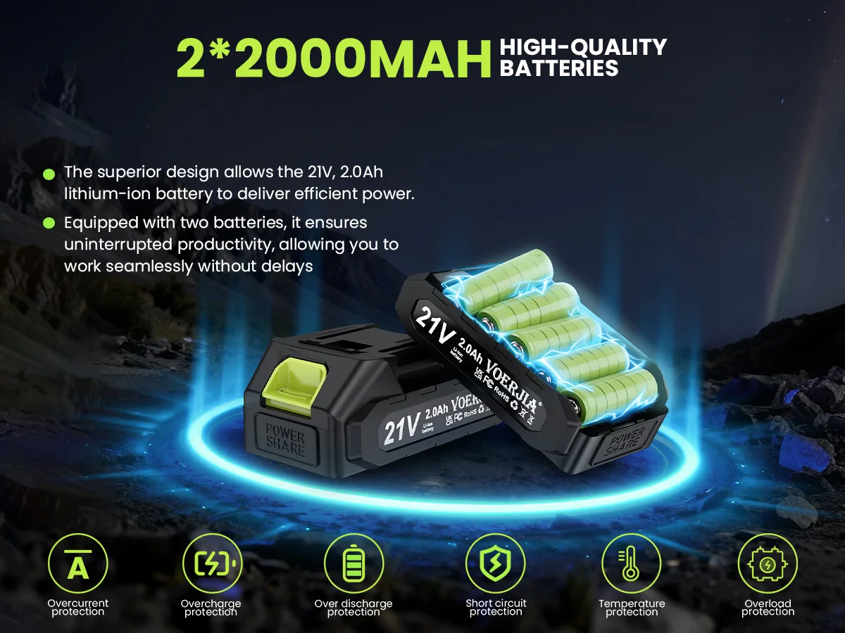 VOERJIA 21V Bürstenloser Akku-Bohrschrauber, 750W Elektrobohrmaschine mit 2 Akkus 2000mAh, 20+3 Drehmoment-Akku-Bohrmaschine, 3/8" Bohrfutter, 60N. – Detail 3