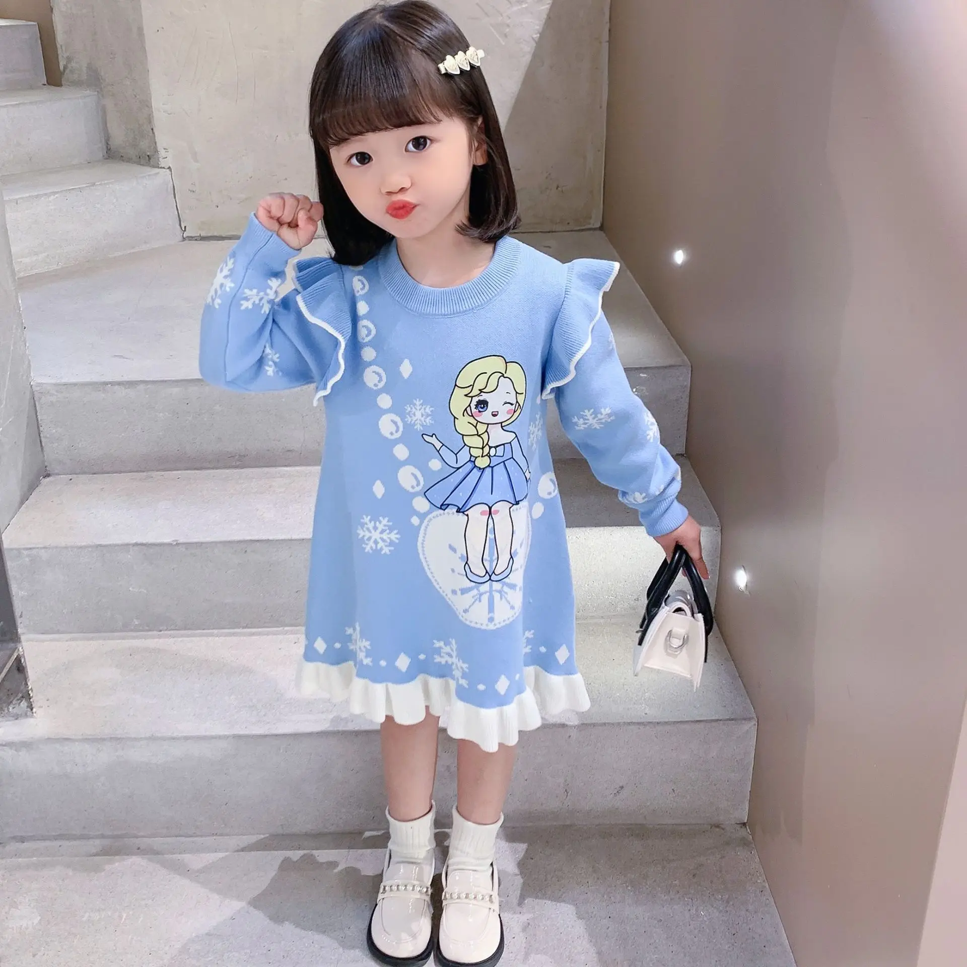 

Disney Girls Knitted Sweater Dress Spring Autumn Children's Clothing Korean Edition New Frozen Elsa Pattern Princess Dresses