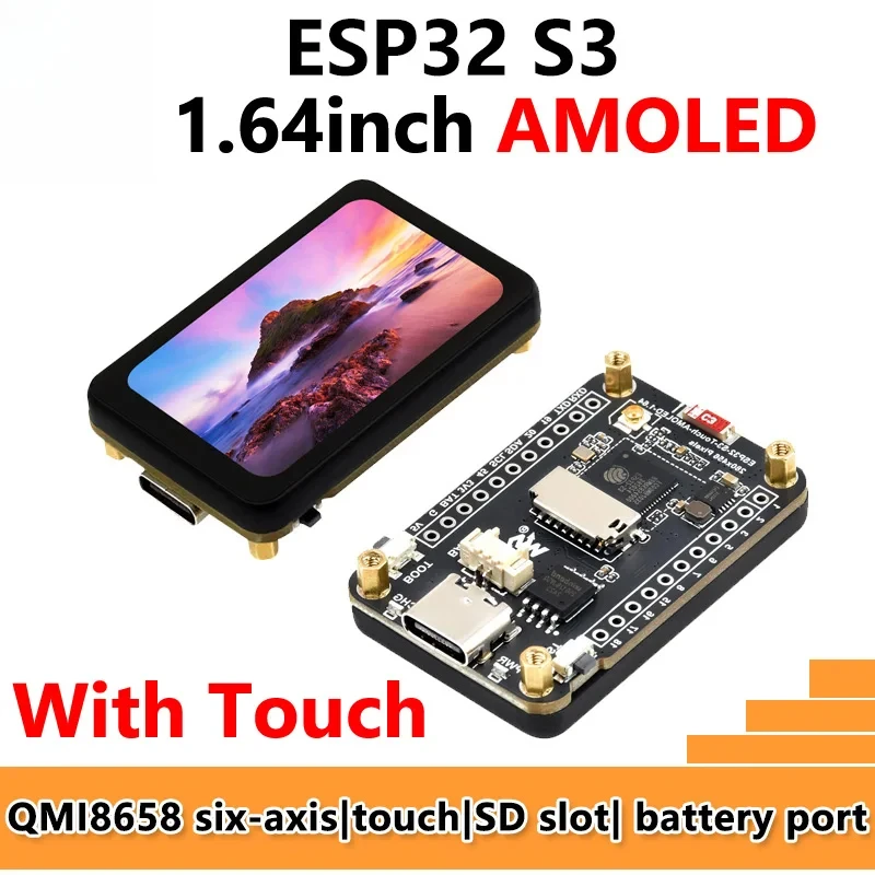 لوحة تطوير ESP32 S3 شاشة AMOLED مقاس 1.64 بوصة شاشة لمس 1.64 بوصة لـ Arduino LVGL مع مستشعر SD-Port/ QMI8658C ذو 6 محاور