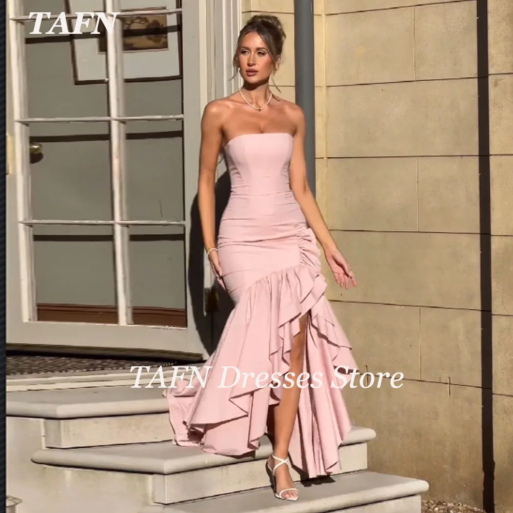 

TAFN Mermaid Elegant Formal Evening Dresses Strapless Slit Ruffle Sweep Train Prom Party Gown Floor-Length vestidos de fiesta