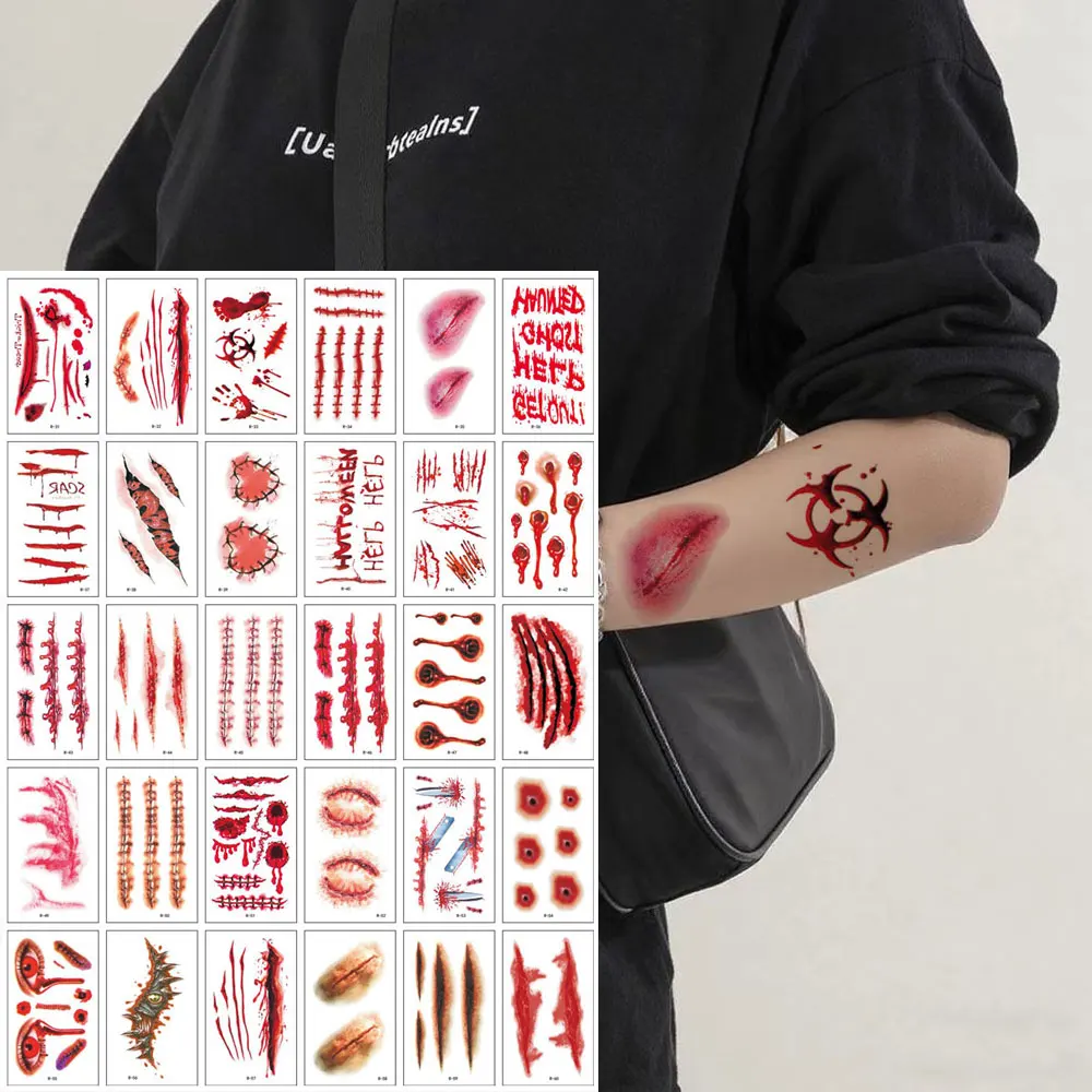 30pcs Halloween Waterproof Fake Tattoos for Face Body Decor Scary Temporary Tattoos for Women Men