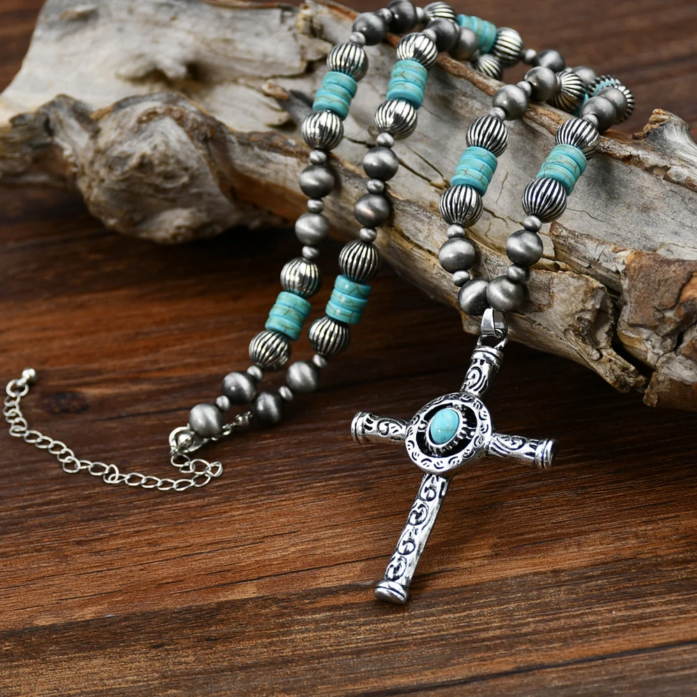 Yumfeel New Cross Pendant Navajo Pearl Turquoise Beaded Necklace for Men & Women Western Style Jewelry