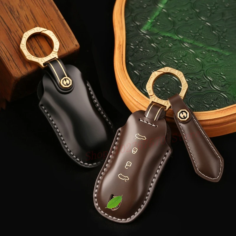 

High-End Personality Genuine Leather Key Case Cover Protective Shell Bag For Porsche Macan EV New Energy 2024-2025 Car Accessory