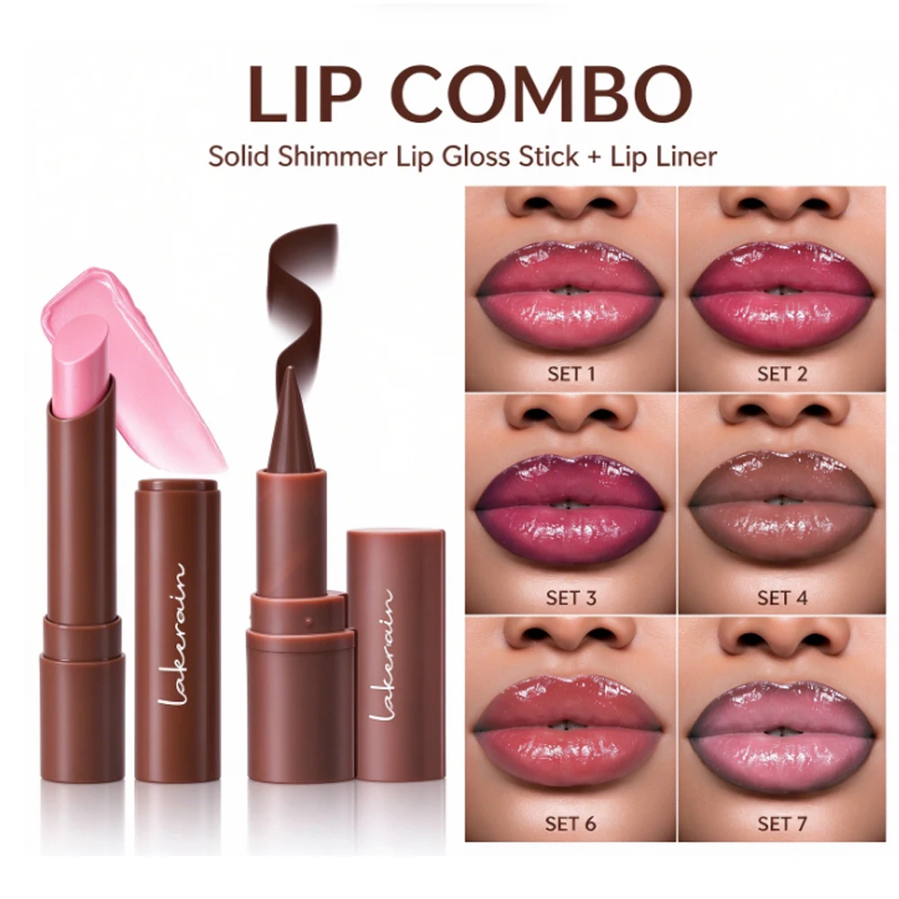 2Pcs Lip Makeup Set, Solid Shimmer Lip Gloss Stick & Lip Liner Pencil, Moisturizing Non Sticky High Shine Lip Color, Daily Lip C