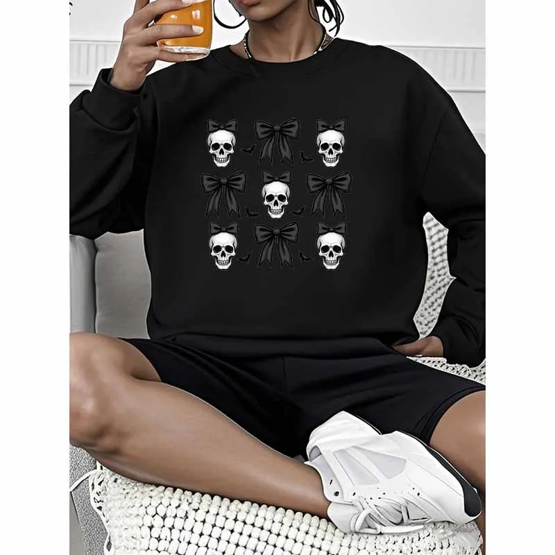 جديد الأكثر مبيعا جولة الرقبة الصوف هوديي مع القوس الجمجمة طباعة هو بلوزة دافئة عصرية وعصرية بلوزات الجمالية