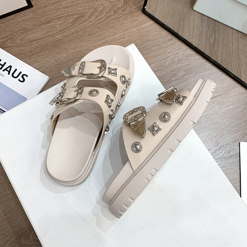 Summer Punk Rock Women Slippers Rivets Platform Leather Mules Creative Metal Fittings Slippers Female Casual Sandals Shoe Slides