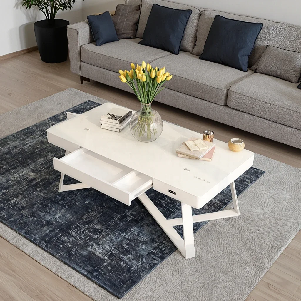 A Smart Home Furniture Rectangle Coffee Table Audio Coffee Table Tempered Glass Side Tables With Speaker and USB Wireless Charg