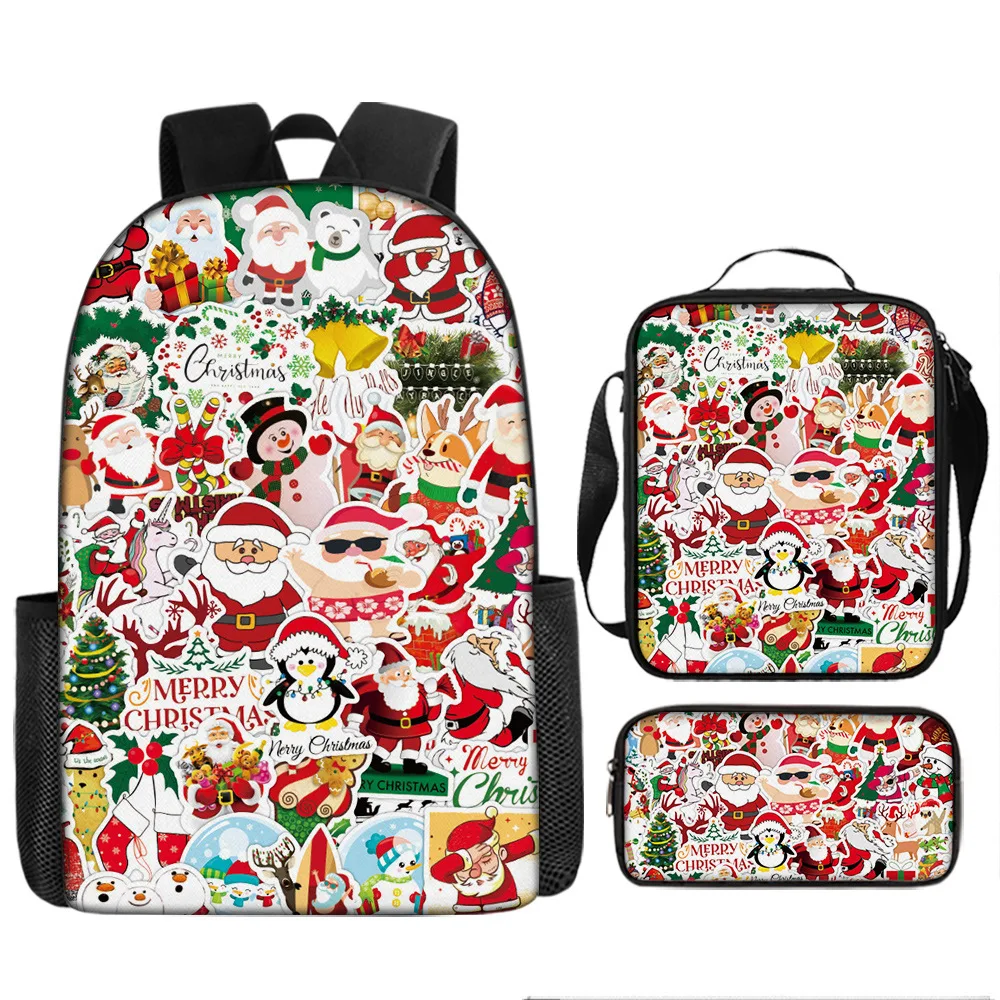 Hot selling Christmas backpacks in Europe and America, 3D digital printed backpacks, shoulder bags, pencil cases, 3-piece set