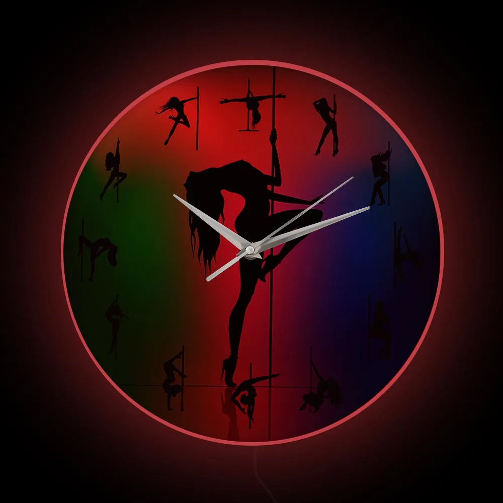 Pole Dancers RGB Color Luminous Wall Clock With LED Backlight Pub Bar Club Decor Exotic Sexy Dance Striptease Acrobat Neon Sign