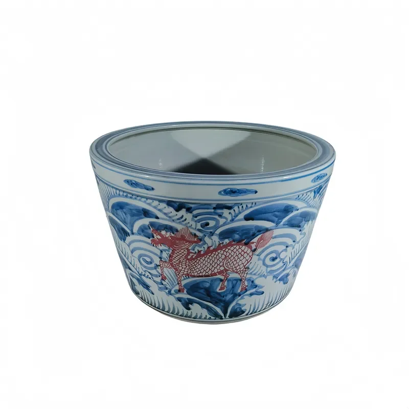 Art Deco Remote Controlled Handmade Ceramic Garden Fountain Vase with Blue and White Red Underglaze Outdoor Use Home Decor