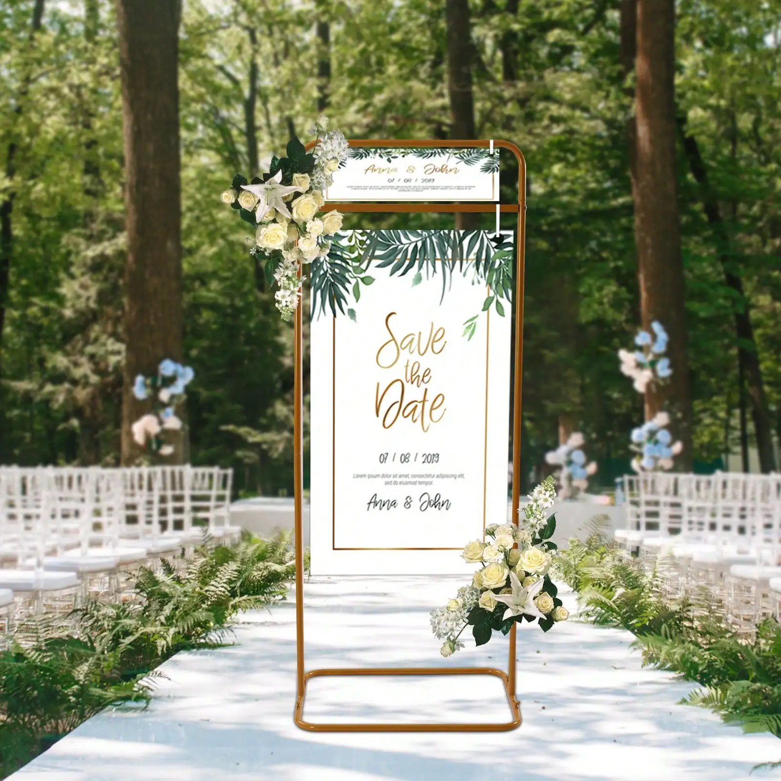 

1.5m/4.9ft Tall Freestanding Welcome Sign Frame Gold Metal Wedding Arch Stand Seating Chart Backdrop Rack for Ceremony Reception