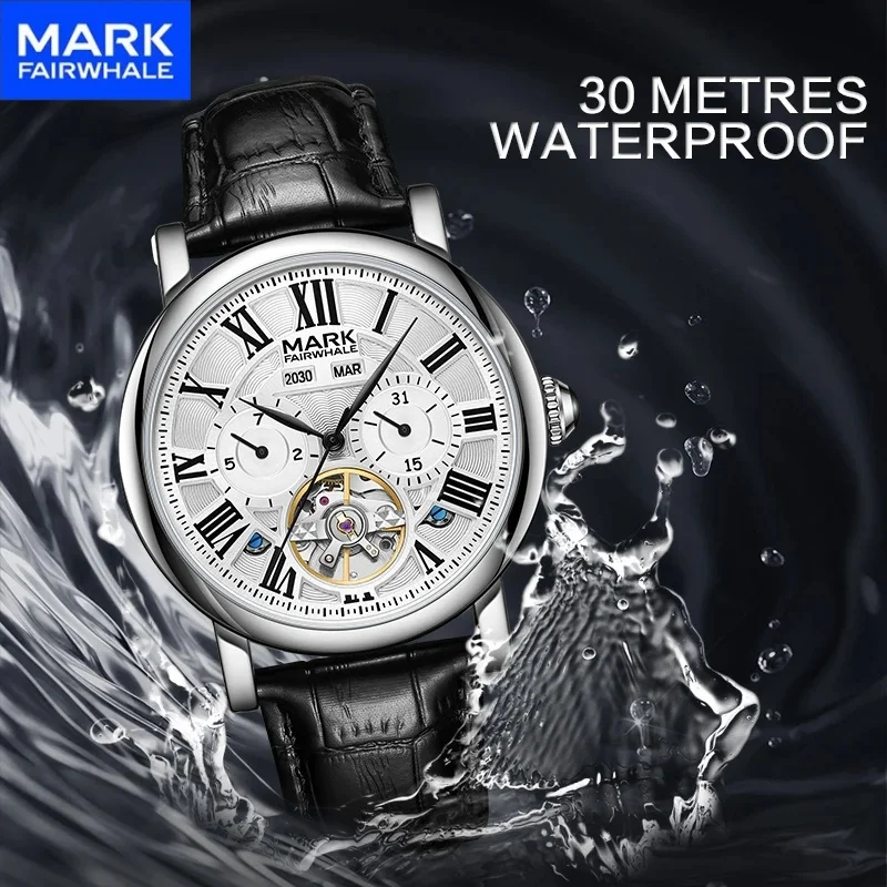 

MARK FAIRWHALE Fashion Men's Automatic Watch Leather Strap Calendar Display Waterproof For montre homme automatique