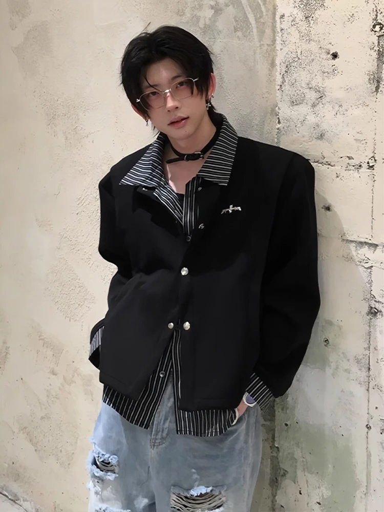 

Cleanfit Men's Striped Patchwork Open Cardigan Sweatirt High-End Feel Collar irt Design Outer Jaet Loose Fit Long Sve