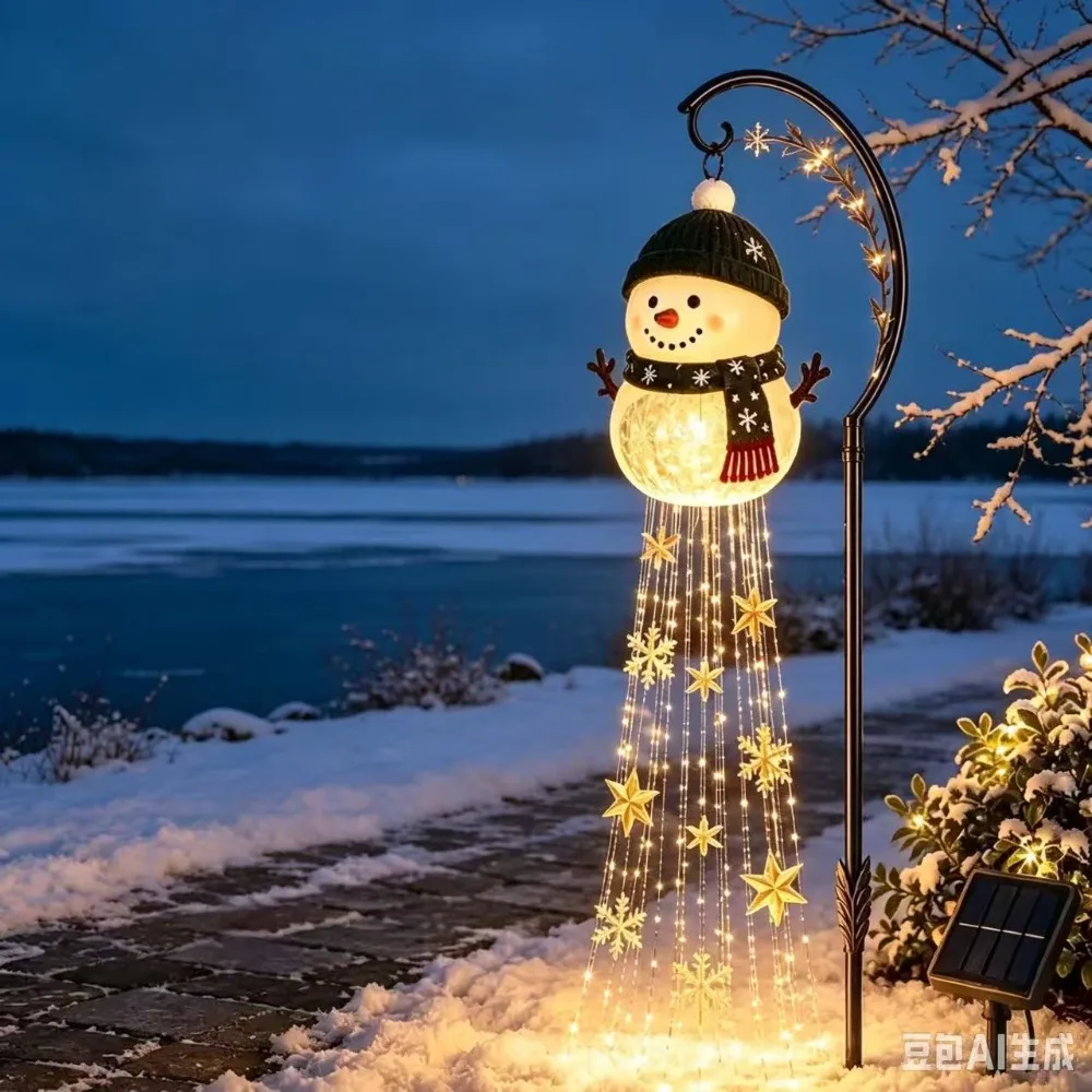 Solar Garden Light Resin Snowman Hugging Ball Ground Plug Light Snowman Magic Fountain Garden Light, Christmas Ornament
